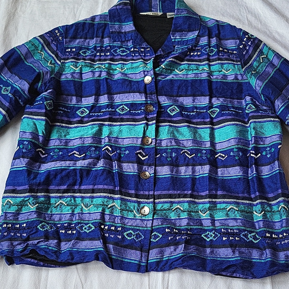Laura Ashley Outter Shell Blazer/Topper/Blouse Sz Large 100% Silk Artsy Colorful